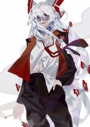 Rule 34 | 1girl, adapted costume, ahoge, black jacket, black pants, bow, chinese commentary, cigarette, collared shirt, commentary request, cowboy shot, fujiwara no mokou, glasses, hair bow, hair over eyes, hand in pocket, highres, holding, holding cigarette, jacket, long hair, long sleeves, looking at viewer, looking down, open clothes, open jacket, pants, parted lips, red eyes, regen (gp2yt17), shirt, smile, smoke, solo, teeth, tinted eyewear, touhou, upper teeth only, very long hair, white bow, white hair, white shirt