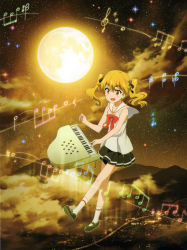 Rule 34 | 1girl, absurdres, blonde hair, blouse, bow, bowtie, eyebrows, full body, full moon, highres, hikaru (houkago no pleiades), houkago no pleiades, instrument, long hair, miniskirt, moon, official art, outdoors, piano, red bow, red bowtie, scenery, shirt, skirt, sky, sleeveless, sleeveless shirt, socks, solo, star (sky), starry sky, thick eyebrows, twintails, white socks, yellow eyes, yellow theme