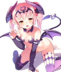 Rule 34 | 1girl, bare shoulders, blush, breasts, bridal gauntlets, demon girl, demon horns, demon tail, demon wings, detached collar, elbow gloves, gloves, horns, kneeling, looking at viewer, no panties, original, pink hair, pointy ears, purple gloves, purple thighhighs, shouni (sato3), simple background, small breasts, solo, tail, thighhighs, tiara, two side up, white background, wings, yellow eyes