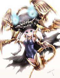 1girl absurdres abyssal_ship akina_t aqua_eyes bad_id bad_pixiv_id breasts cosplay duel_monster female_focus gradient_background hat highres kantai_collection long_hair open_mouth school_swimsuit silver_hair solo swimsuit the_winged_dragon_of_ra wo-class_aircraft_carrier yu-gi-oh! yu-gi-oh!_duel_monsters