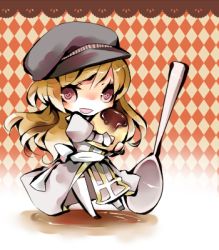 Rule 34 | 1girl, alternate color, argyle, argyle background, argyle clothes, black footwear, black hat, blonde hair, blush, cabbie hat, chibi, commentary request, cross, dress, food, full body, grey dress, hat, heart, heart-shaped pupils, high priest (ragnarok online), holding, holding food, juliet sleeves, long hair, long sleeves, looking at viewer, lowres, open mouth, pekeko (pepekekeko), puffy sleeves, ragnarok online, red eyes, sash, smile, solo, spoon, symbol-shaped pupils, thighhighs, white sash, white thighhighs