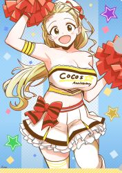 Rule 34 | 1girl, :d, alternate costume, alternate headwear, arm up, armband, artist name, bare shoulders, beret, blonde hair, bow, bow skirt, breasts, brown eyes, cheerleader, clothes writing, coco&#039;s, commentary, cowboy shot, double horizontal stripe, english text, frilled skirt, frills, girls und panzer, hair pulled back, hat, hat bow, highres, holding, holding pom poms, hone (honehone083), lace, lace-trimmed shirt, lace trim, large breasts, leg up, logo, long hair, looking at viewer, midriff, miniskirt, navel, open mouth, pleated skirt, polka dot, polka dot background, pom pom (cheerleading), pom poms, ponytail, red bow, sasaki akebi, shirt, signature, skirt, smile, solo, standing, standing on one leg, star (symbol), strapless, thighhighs, tilted headwear, tube top, white hat, white shirt, white skirt, white thighhighs