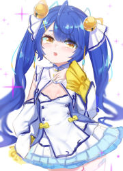 Rule 34 | 1girl, absurdres, ahoge, amamiya kokoro, bell, blue hair, blue skirt, blush, buttons, cleavage cutout, clothing cutout, cowboy shot, double-breasted, dress, hair bell, hair ornament, hand on own chest, highres, jingle bell, long hair, long sleeves, looking at viewer, miniskirt, nijisanji, open mouth, short dress, skirt, solo, thighhighs, utsusumi kio, very long hair, virtual youtuber, white dress, white thighhighs, yellow eyes