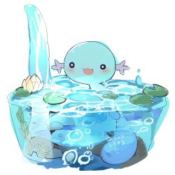 Rule 34 | air bubble, animal focus, blue skin, blush, bright pupils, bubble, colored skin, commentary, creatures (company), flower, game freak, gen 2 pokemon, highres, in water, lily (flower), lily pad, nintendo, no humans, open mouth, ovoip, pokemon, pokemon (creature), pond, rock, smile, solo, swimming, water, waterfall, wet face, white background, wooper