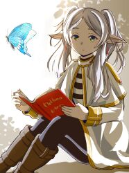Rule 34 | 1girl, asuka (pixiv82529874), black pantyhose, blue butterfly, book, brown footwear, bug, butterfly, day, earrings, elf, feet out of frame, frieren, gold trim, highres, insect, jewelry, long hair, long sleeves, open book, outdoors, pantyhose, pointy ears, reading, shirt, sitting, solo, sousou no frieren, striped clothes, striped shirt, twintails