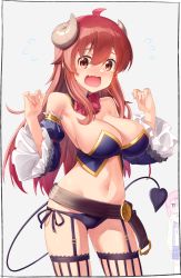 Rule 34 | 1girl, ahoge, armpits, bare shoulders, belt, black panties, bow, bowtie, breasts, cleavage, contrapposto, cowboy shot, crop top, curled horns, demon girl, demon horns, demon tail, detached collar, detached sleeves, fang, garter straps, gold trim, groin, hands up, highres, horns, kei (soundcross), large breasts, long hair, long sleeves, looking at viewer, machikado mazoku, navel, no pants, open mouth, panties, red eyes, red hair, revealing clothes, side-tie panties, simple background, sleeveless, solo, standing, stomach, strapless, tail, thighhighs, underwear, wavy mouth, white background, wide sleeves, yoshida yuuko (machikado mazoku)