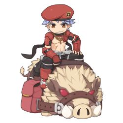 Rule 34 | 1boy, armor, armored boots, beret, black gloves, black pants, black scarf, blue hair, boar, boots, brown eyes, chain, chibi, full body, gloves, grin, hand on own knee, hat, jewelry, looking at viewer, male focus, mechanic (ragnarok online), necklace, no nipples, official art, pants, pouch, ragnarok online, red armor, red hat, riding, savage (ragnarok online), scarf, short bangs, short hair, shrug (clothing), simple background, smile, solo, transparent background, vambraces, yuichirou