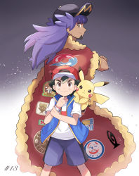 Rule 34 | 2boys, ash ketchum, back-to-back, bad id, bad pixiv id, baseball cap, black hair, black headwear, blue jacket, blue shorts, brown eyes, cape, character print, commentary request, creatures (company), dark-skinned male, dark skin, episode number, feet out of frame, fur-trimmed cape, fur trim, game freak, gen 1 pokemon, gen 2 pokemon, gradient background, hat, highres, hoothoot, jacket, leon (pokemon), long hair, looking at viewer, looking back, male focus, mei (maysroom), multiple boys, nintendo, on shoulder, pikachu, pokemon, pokemon (anime), pokemon (creature), pokemon journeys, pokemon on shoulder, print cape, purple hair, red cape, red headwear, serious, shirt, shorts, signature, smile, standing, white shirt