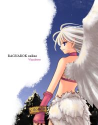 Rule 34 | 1girl, bangle, bikini, blue eyes, bracelet, character name, commentary request, copyright name, feathered wings, from behind, jewelry, long hair, looking afar, looking to the side, parted lips, pointy ears, ragnarok online, red bikini, sakakura (sariri), solo, swimsuit, upper body, wanderer (ragnarok online), white hair, white wings, wings