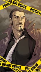 Rule 34 | ace attorney, ace attorney investigations, beard, black hair, black shirt, brown coat, caution tape, coat, english text, facial hair, grey sky, hair slicked back, male focus, mustache, necktie, outdoors, shirt, sideburns, sky, solo, tanken (outofcheeserror), trench coat, tyrell badd, upper body, white necktie