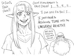 Rule 34 | 1boy, 1girl, :d, @ @, asymmetrical bangs, bald, bb (baalbuddy), beard, commentary, elf, english commentary, english text, facial hair, greyscale, highres, long beard, long hair, monochrome, nervous smile, open mouth, original, pointy ears, sanpaku, shirt, simple background, smile, sweat, nervous sweating, t-shirt, white background, wide-eyed