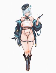Rule 34 | 1girl, bare shoulders, blue eyes, boots, breasts, full body, hat, highres, large breasts, leotard, looking at viewer, original, see-through, short hair, solo, standing, starcat, thick thighs, thigh strap, thighs, white leotard