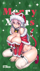 Rule 34 | 1girl, aqua hair, bare shoulders, blush, breasts, capelet, christmas, cleavage, colored eyelashes, colored inner hair, dress, fur-trimmed dress, fur-trimmed headwear, fur trim, hat, headphones, highres, large breasts, long hair, looking at viewer, merry christmas, multicolored hair, nitroplus, official art, open mouth, pink hair, red capelet, red eyes, red hat, santa hat, smile, solo, super sonico, swimsuit, thighhighs, tsuji santa, two-tone hair, white thighhighs, zettai ryouiki