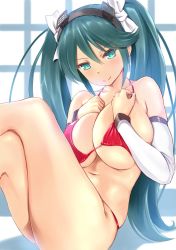 Rule 34 | 10s, 1girl, alternate costume, bare shoulders, bikini, blush, breasts, cleavage, detached sleeves, green eyes, green hair, highres, isuzu (kancolle), kantai collection, large breasts, crossed legs, long hair, looking at viewer, matching hair/eyes, navel, red bikini, ribbon, smile, solo, swimsuit, twintails, wa (genryusui)