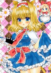 Rule 34 | adapted costume, alice margatroid, animal ears, apron, ascot, blonde hair, blue dress, blue eyes, blush, bow, capelet, cat ears, cat tail, cowboy shot, doll, dress, frilled ascot, frilled dress, frilled sash, frills, hair bow, hairband, holding, holding clothes, holding dress, lolita hairband, mini person, minigirl, open mouth, puffy short sleeves, puffy sleeves, red ascot, red hairband, red sash, sash, shanghai doll, short hair, short sleeves, strapless, strapless dress, tail, tail bow, tail ornament, touhou, traditional media, waist apron, zenra1112