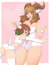 Rule 34 | 1boy, 1girl, :d, ^ ^, ahoge, animal ears, bare shoulders, brown hair, closed eyes, commentary, commission, english commentary, eyes visible through hair, fur, glomp, gradient hair, green hair, hair between eyes, highres, horizontal pupils, horns, hug, iwbitu, long hair, multicolored hair, open mouth, original, outline, pink background, pink eyes, sheep boy, sheep ears, sheep girl, sheep tail, simple background, smile, tail, thighs, trap, white fur, white outline