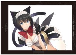Rule 34 | 1girl, absurdres, animal ears, black hair, blue eyes, bow, breasts, cat ears, cat tail, cleavage, closed mouth, guilty princess, hair ornament, highres, looking at viewer, maid, maid headdress, medium breasts, non-web source, puffy short sleeves, puffy sleeves, scan, shiny skin, short hair, short sleeves, simple background, smile, solo, tail, tony taka