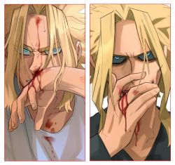 Rule 34 | 1boy, aged down, angry, black sclera, black shirt, blonde hair, blood, blood from mouth, blood on clothes, blood on face, blood on hands, blue eyes, boku no hero academia, collarbone, colored sclera, commentary, covering own mouth, face, grey shirt, hand up, male focus, medium hair, multiple views, shirt, smile, split screen, sweat, trevo (trevoshere), yagi toshinori