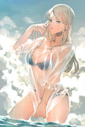 Rule 34 | 1girl, :o, adjusting hair, artist name, bikini, black clover, blonde hair, blue bikini, blue eyes, blue sky, braid, breasts, charlotte roselei, cleavage, cloud, day, highres, in water, large breasts, long hair, looking at viewer, neekochanii, o-ring, o-ring bikini, o-ring bottom, o-ring top, ocean, partially submerged, see-through, shirt, side braid, sky, solo, standing, swimsuit, wading, wet, wet clothes, wet shirt