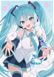 Rule 34 | 1girl, absurdres, arm tattoo, bare shoulders, black skirt, black sleeves, black thighhighs, blue eyes, blue hair, blue necktie, border, breasts, button gap, collared shirt, crossed bangs, detached sleeves, fading border, gradient background, hair between eyes, hair ornament, hatsune miku, headphones, headset, heart, highres, light blush, long hair, looking at viewer, medium breasts, microphone, miniskirt, necktie, number tattoo, open hands, open mouth, outstretched arms, pipipipyu, pleated skirt, reaching, reaching towards viewer, shirt, skirt, sleeveless, sleeveless shirt, smile, solo, tattoo, teeth, thighhighs, twintails, upper teeth only, very long hair, vocaloid, white shirt, wide sleeves