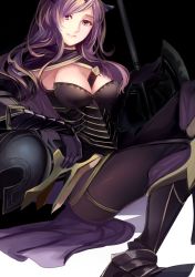 Rule 34 | 1girl, armor, armored boots, axe, boots, breasts, camilla (fire emblem), cleavage, curly hair, dark background, fire emblem, fire emblem fates, gauntlets, gradient background, unworn headwear, helmet, unworn helmet, highres, knee boots, large breasts, long hair, looking at viewer, machi wt, armored boots, nintendo, pantyhose, parted lips, purple eyes, purple hair, red eyes, sitting, solo, weapon