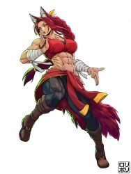 Rule 34 | 1girl, abs, absurdres, animal ears, bandaged arm, bandages, beads, boots, braid, clothes around waist, fox ears, fox girl, fox tail, highres, jacket, jacket around waist, jamrolypoly, muscular, muscular female, original, prayer beads, red hair, signature, solo, tail, tank top, white background, yellow eyes