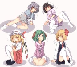 Rule 34 | 5girls, animal ears, between legs, black hair, blonde hair, bow, rabbit ears, capelet, dog ears, flandre scarlet, green eyes, green hair, grey hair, hand between legs, hat, hat bow, heart, inaba tewi, kasodani kyouko, mob cap, mouse ears, multiple girls, nazrin, oimo (imoyoukan), open mouth, red eyes, rumia, sitting, thighhighs, touhou, wariza, white legwear