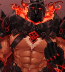 Rule 34 | 1boy, abs, armor, bara, bare pectorals, belt, black gloves, brown background, chest hair, chest harness, embers, fire, gauntlets, gloves, glowing, glowing eyes, harness, helmet, highres, hita, looking at viewer, male focus, muscular, nipples, pauldrons, pectorals, red eyes, shoulder armor, shoulder spikes, simple background, solo, spikes, surtr (housamo), tokyo houkago summoners, twitter username, upper body, veins