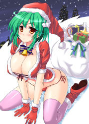 Rule 34 | 1girl, arm support, bell, blush, boots, bow, breasts, brown eyes, candy, candy cane, christmas, christmas tree, cleavage, food, front-tie top, gift, gloves, green hair, hat, kawase seiki, large breasts, original, panties, red gloves, sack, santa costume, santa hat, shiny skin, side-tie panties, sitting, skindentation, snow, solo, thighhighs, underwear, wariza