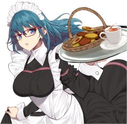 Rule 34 | 1girl, alternate costume, apron, basket, bespectacled, black dress, blue eyes, blue hair, blush, breasts, byleth (female) (fire emblem), byleth (fire emblem), cup, dress, enmaided, fire emblem, fire emblem: three houses, frilled apron, frilled dress, frills, glasses, highres, holding, holding tray, large breasts, long hair, long sleeves, looking at viewer, maid, maid headdress, nintendo, parted lips, red-framed eyewear, saucer, simple background, skirt hold, smile, solo, tea, teacup, tray, underbust, white apron, white background, wrist cuffs, yappen