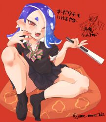 Rule 34 | 1girl, alternate costume, big man (splatoon), blush, cushion, fangs, frye (splatoon), hand fan, highres, japanese text, nintendo, octoling player character, open mouth, paper fan, pillow, pleated skirt, pointy ears, red background, red eyes, school uniform, shiver (splatoon), sitting, skirt, socks, solo, solo focus, splatoon (series), splatoon 3, spread legs, tentacle hair, thick thighs, thighs, ume name take