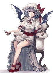 Rule 34 | 1girl, bare legs, bat wings, blue hair, bow, chair, child, cup, drinking glass, fingernails, footwear bow, full body, hat, hat bow, high heels, highres, holding, holding cup, holding drinking glass, kyogoku-uru, long fingernails, looking at viewer, mob cap, nail polish, puffy short sleeves, puffy sleeves, red bow, red eyes, red footwear, red nails, remilia scarlet, sash, shoes, short sleeves, simple background, sitting, skirt, solo, touhou, white background, white hat, white skirt, wings