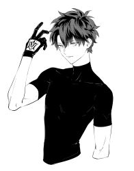 Rule 34 | 1boy, arm at side, closed mouth, covered collarbone, cropped arm, cropped torso, fate/grand order, fate (series), fujimaru ritsuka (male), glove cutout, greyscale, hair between eyes, hand tattoo, hand up, highres, light smile, looking ahead, male focus, monochrome, shirt, short hair, simple background, solo, tattoo, tight clothes, tight shirt, toned, toned male, urup zzz
