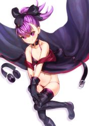 Rule 34 | 1girl, bare shoulders, bikini, black bikini, black bow, black footwear, black gloves, black headwear, blush, boots, bow, breasts, closed mouth, coat, fate/grand order, fate (series), garrison cap, gloves, hair bow, hat, headphones, helena blavatsky (fate), helena blavatsky (swimsuit archer) (fate), helena blavatsky (swimsuit archer) (third ascension) (fate), highres, looking at viewer, navel, off shoulder, open clothes, open coat, purple eyes, purple hair, short ponytail, simple background, small breasts, smile, spica (starlitworks), swimsuit, thigh boots, thighhighs, throat microphone