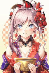 Rule 34 | 1girl, bare shoulders, beige background, blue eyes, blush, breasts, checkered background, cleavage, closed mouth, collarbone, commentary request, earrings, fate/grand order, fate (series), fingernails, floral print, flower, gradient background, hair flower, hair ornament, hands up, highres, holding, japanese clothes, jewelry, kimono, large breasts, long hair, magatama, miyamoto musashi (fate), miyamoto musashi (knowing the way broadly) (fate), pink hair, ponytail, print kimono, purple kimono, red flower, red kimono, samoore, sidelocks, smile, solo, upper body, white background