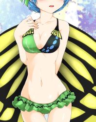 Rule 34 | 1girl, adapted costume, bare arms, bare shoulders, bikini, blue hair, blush, breasts, butterfly wings, cleavage, collarbone, cowboy shot, eternity larva, frilled bikini, frills, g (genesis1556), gluteal fold, green bikini, groin, hair ornament, head out of frame, highres, insect wings, leaf hair ornament, medium breasts, mismatched bikini, multicolored bikini, multicolored clothes, navel, parted lips, short hair, solo, stomach, swimsuit, touhou, wings