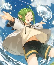 Rule 34 | 1girl, absurdres, ahoge, black shorts, blue sky, blush, commentary request, day, elf, closed eyes, green hair, highres, hood, hood down, hoodie, mushoku tensei, navel, nuqura, open clothes, open hoodie, open mouth, outdoors, outstretched arms, pointy ears, shirt, short hair, short shorts, shorts, sky, solo, sylphiette (mushoku tensei), teeth, upper teeth only, water, white shirt