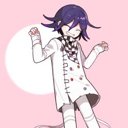 Rule 34 | 1202 koge, 1boy, ^ ^, buttons, checkered clothes, checkered scarf, closed eyes, colored tips, commentary request, danganronpa (series), danganronpa v3: killing harmony, grin, hair between eyes, jacket, long sleeves, male focus, multicolored hair, oma kokichi, pants, pink background, purple hair, scarf, simple background, sleeves past wrists, smile, solo, white jacket, white pants
