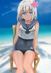 Rule 34 | 10s, 1girl, blonde hair, blouse, blue eyes, chair, crop top, flower, hair flower, hair ornament, kantai collection, long hair, one-piece tan, ro-500 (kancolle), sanaka, school swimsuit, school uniform, shirt, sitting, smile, solo, swimsuit, swimsuit under clothes, tan, tanline, thighs