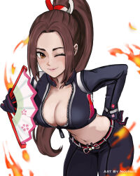 1girl artist_name belt black_gloves black_jacket black_pants breasts brown_eyes brown_hair cleavage fatal_fury fatal_fury:_city_of_the_wolves female_focus gloves hand_fan holding holding_fan jacket large_breasts long_hair looking_at_viewer midriff navel noirnib one_eye_closed pants ponytail shiranui_mai smile snk solo standing stomach the_king_of_fighters wink zipper