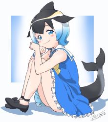 Rule 34 | 1girl, bare shoulders, black bow, black footwear, black hair, blonde hair, blue dress, blue eyes, blue hair, blush, bow, bowtie, cetacean tail, commentary request, common dolphin (kemono friends), dorsal fin, dress, fanta (the banana pistols), fins, fish tail, footwear bow, frilled dress, frills, gradient hair, highres, kemono friends, knees to chest, looking at viewer, mary janes, multicolored hair, sailor collar, shoes, short hair, sitting, sleeveless, sleeveless dress, smile, solo, tail, white frills, white hair, wristband, yellow bow, yellow bowtie