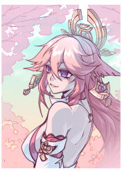 Rule 34 | 1girl, absurdres, animal ears, backless outfit, backless shirt, bare back, bare shoulders, breasts, commentary, fox ears, genshin impact, grin, highres, large breasts, long hair, parted lips, pink hair, purple eyes, shirt, smile, solo, upper body, very long hair, white shirt, yae miko, zenzoron