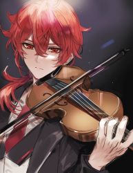 Rule 34 | 1boy, black background, black coat, bow (music), closed mouth, coat, diluc (genshin impact), expressionless, fractalmagnolia, genshin impact, holding, holding instrument, holding violin, instrument, long hair, looking at viewer, low ponytail, male focus, music, necktie, playing instrument, red eyes, red hair, red necktie, shirt, sidelocks, solo, upper body, violin, white shirt