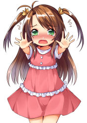 Rule 34 | 1girl, bad id, bad pixiv id, blush, brown hair, child, crying, d:, dress, flying sweatdrops, green eyes, haluka (aixioo), koshigaya komari, long hair, non non biyori, open mouth, outstretched arms, snot, solo, tears, twintails, two side up, wavy mouth, white background