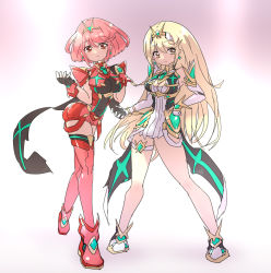 Rule 34 | 2girls, bare legs, bare shoulders, black gloves, blonde hair, breasts, chest jewel, cleavage, cleavage cutout, clothing cutout, dress, dual persona, earrings, elbow gloves, female focus, fingerless gloves, full body, gloves, highres, jewelry, large breasts, long hair, matching hair/eyes, multiple girls, mythra (xenoblade), nintendo, pyra (xenoblade), red eyes, red hair, red legwear, red shorts, short dress, short hair, short shorts, shorts, standing, swept bangs, tavn, thigh strap, thighhighs, tiara, very long hair, white dress, white footwear, white gloves, xenoblade chronicles (series), xenoblade chronicles 2, yellow eyes