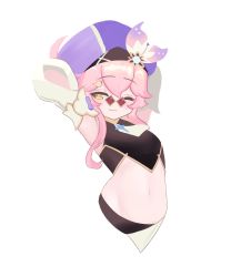 Rule 34 | 1girl, ;), absurdres, armpits, arms up, closed mouth, detached sleeves, dori (genshin impact), genshin impact, hat, highres, long sleeves, midriff, navel, one eye closed, pink hair, simple background, smile, solo, sunggou, sunglasses, white background, yellow eyes