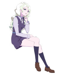 Rule 34 | 1girl, ar jart, blonde hair, blue eyes, crossed legs, diana cavendish, dress, full body, hand on own chin, highres, invisible chair, kneehighs, legs, little witch academia, loafers, long hair, long sleeves, luna nova school uniform, multicolored hair, parted lips, pinafore dress, school uniform, shoes, signature, simple background, sitting, sleeveless dress, socks, streaked hair, thighs, white background