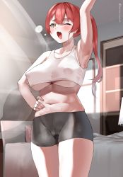Rule 34 | 1girl, arm up, armpits, bike shorts, birthday, blush, breasts, collarbone, commentary request, covered erect nipples, frikulu, hand on own hip, highres, hololive, houshou marine, large breasts, long hair, midriff, navel, one eye closed, open mouth, ponytail, red hair, solo, standing, sweat, tears, thighs, twitter username, underboob, virtual youtuber, yawning, yellow eyes