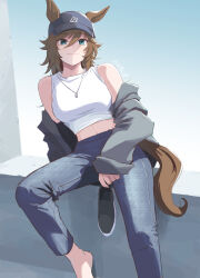 Rule 34 | 1girl, absurdres, animal ears, bare shoulders, baseball cap, black hat, blue eyes, boc&#039;z (umamusume), brown hair, closed mouth, commentary request, ears through headwear, feet out of frame, grey pants, hair between eyes, hat, highres, holding, holding shoes, horse ears, horse girl, horse tail, jacket, jacket partially removed, long hair, midriff, mr. c.b. (umamusume), mukakin, official alternate costume, pants, shirt, shoes, sleeveless, sleeveless shirt, smile, solo, sweatpants, tail, umamusume, unworn shoes, white shirt