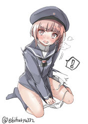 Rule 34 | !, 1girl, beret, black dress, black hat, black neckerchief, black sailor collar, black socks, blunt bangs, blush, brown eyes, brown hair, covering crotch, covering privates, dress, ebifurya, full body, hat, highres, kantai collection, kneehighs, long sleeves, looking at viewer, neckerchief, open mouth, panties, panties around leg, panty pull, pussy juice, sailor collar, short dress, short hair, simple background, sitting, socks, solo, speech bubble, speed lines, spoken exclamation mark, surprised, teeth, underwear, wariza, white background, white panties, wide-eyed, z3 max schultz (kancolle)
